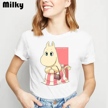 Cartoon Moomins deň list vytlačené t-shirt grafické tees ženy móde zábavné tričká žena harajuku tričko tumblr topy tee tričko