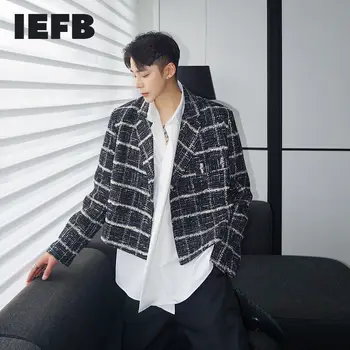 IEFB kórejský módne siluetu tweeds krátky kabát pre mužov 2021 jar zimné jediného tlačidla vyhovovali kabát pre mužov pléd, tlač 9Y4679