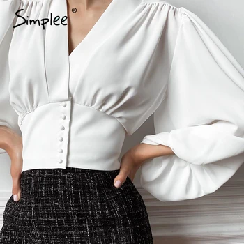 Simplee Elegantné svietidlo s dlhým rukávom, blúzky, ladie Košele ženy tlačidlo hore tričko oblečenie Slim-fit ostrihané vintage top shirt žena