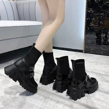 Martin topánky žena 2020 dámy bežné strečové tkaniny, ponožky, topánky, módne kovové tlačidlo dámske topánky na platforme, topánky gotický ženy