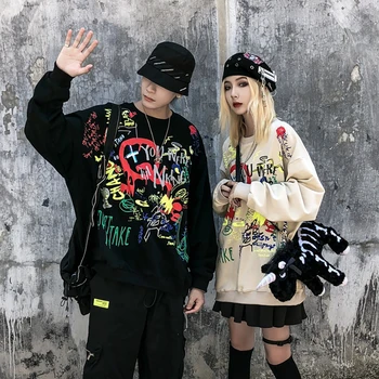 Jesenné a zimné mužov a žien graffiti list tlač pulóver mikina s kapucňou, street oblečenie hip hop, punk rock fashion