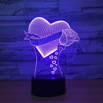 Srdce Ruža Tvar Milenca Led Nočné Svetlo Pre Domova USB Nabíjateľné 3D Vision Led lampa Spálňa Multi Farby svetla