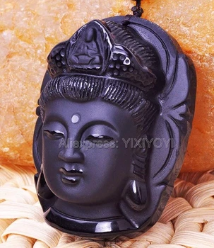 Krásne Čínske Handwork Prírodné Čierna Obsidián Vyrezávané Kwan-yin Budhizmus Šťastie, Amulet Prívesok Korálky Náhrdelník Jemné Šperky