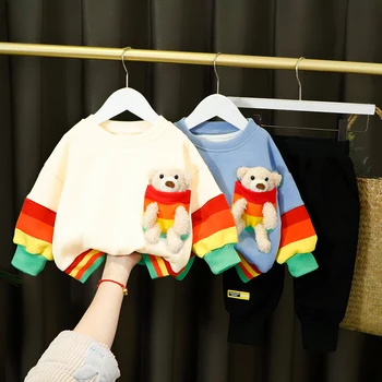 Baby, Dievčatá, Chlapcov, Oblečenie Sady 2021 Jar Cartoon Medveď Farebné Dlhý Rukáv T Shirt Batoľa Detská Deti Detský Kostým
