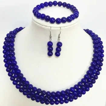 Trendy modrá lapis lazuli 8mm nové kolo korálky elegantný 3 riadky náhrdelník náramok náušnice najlepší darček šperky set 17-19 palcový B1516