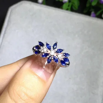 Veľké extravagantné kvety Prírodné blue sapphire gem Krúžok S925 Striebro Prírodný klenot kameň Krúžok dievča Žien strany darček jemné Šperky