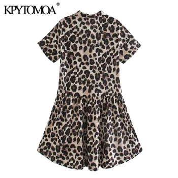 KPYTOMOA Ženy 2020 Elegantný Módy S Tlačidlami Leopard Tlač Mini Šaty Vintage Krátky Rukáv Zvierat Vzor Žena Šaty Mujer