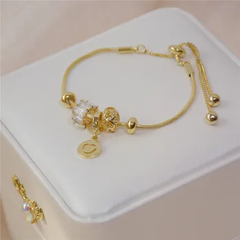 Kórea Nádherné Luxusné Cubic Zirconia Perličiek Náramok Žena Klasické Nastaviteľné Zlata Reťazca Šťastie Náramok Nemá Fade Šperky