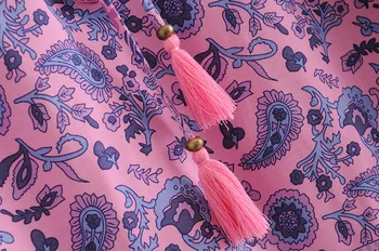 Retro chic fashion ženy české kvetinový vytlačené tvaru krajky-up rayon Boho, blúzky, košele s dlhým rukávom košele, ženské blusas