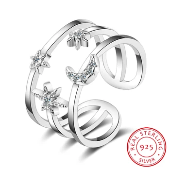 Reálne Čistý 925 Sterling Silver Crystal Moon Star Double Layer Prstene Pre Ženy, Dámy A Strát Šperky, Svadobné Prst Prsteň