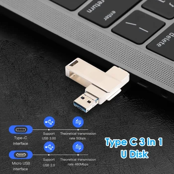Prenosné USB Flash 3 v 1 Typ-C, USB 3.0, Micro USB Pamäť U Diskov Držať Pero pre Office Starostlivosť Spotrebný materiál k Počítačom