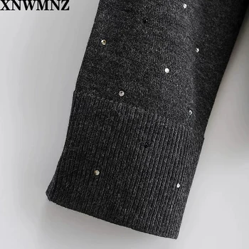 XNWMNZ Za ženy iskrivý pletený sveter Bežné Sveter s okrúhlym výstrihom a dlhými rukávmi. Predstavovať kontrast iskrivý nášivky