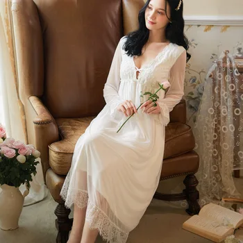 Dámske Vyšívané Čipky Nightgown Dlhý Rukáv Nightdress Jeseň Modálne Bavlny Dlho Sexy oblečenie pre voľný čas Vintage Pohodlné Šaty Župan