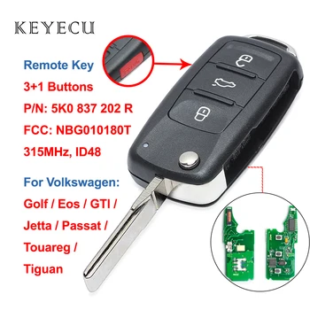 Keyecu Diaľkové Tlačidlo 3 Tlačidlá+1 315MHz ID48 pre Volkswagen VW Golf Eos GLAXAY Jetta Passat Touareg Tiguan CC, 5K0837202R, NBG010180T
