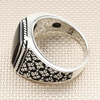 Námestie Black Onyx Kameň Mužov Strieborný Prsteň S Diamantom Motív Vyrobený v Turecku Pevné 925 Sterling Silver