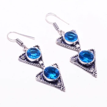 Blue Topaz , Strieborný Obal na Medené Náušnice , Ručne vyrobené Ženy Šperky Darček , E5593