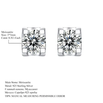 GEM BALET 5.0 mm 1.0 Ct Moissanite Diamond Náušnice Svadobné Šperky dámske Stud Náušnice Rýdzeho Striebra 925 Kolo Moissanite
