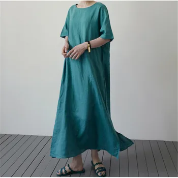 Johnature Letné Šaty, Nové Bielizeň Kravatu Plus Veľkosť Dlhé Šaty Žien 2021 Vintage Jednofarebné Jednoduché Vrecká Šaty