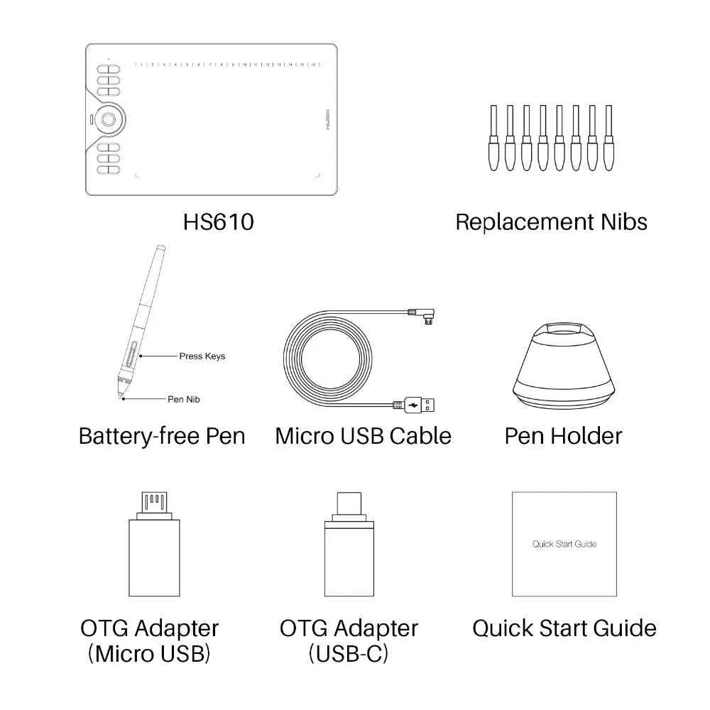 Huion Najnovšie HS610 10x6 palcový Grafický Nákres Tabletu, Digitálneho Pera Tabletu s Batériou - Free, dotykové Pero pre Android, Windows, macOS + OTG Obrázok 0
