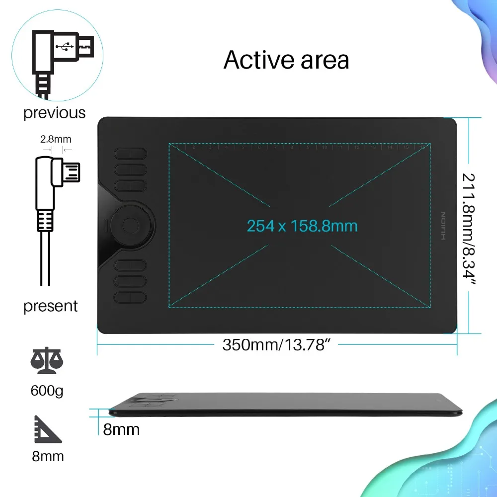 Huion Najnovšie HS610 10x6 palcový Grafický Nákres Tabletu, Digitálneho Pera Tabletu s Batériou - Free, dotykové Pero pre Android, Windows, macOS + OTG Obrázok 3