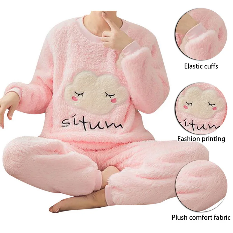 Zimné Pyžamo Ženy Kórejský Sleepwear Roztomilý Kreslený Flanelové Pyžamo Nastaviť Velvet Teplé Pijama Kolo Krku Pyžamo Oblečenie Pre Voľný Čas Ženy Obrázok 1