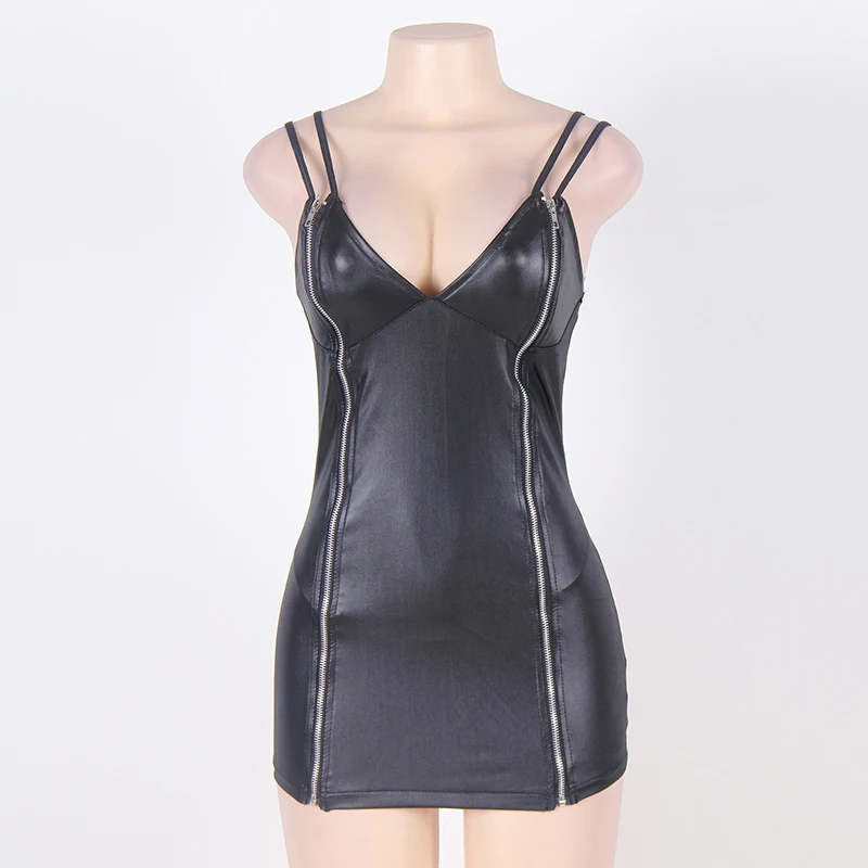 Black zipsy faux kožené šaty, nočný klub nosiť sexy podväzkové šaty letné tvaru prekladané mini plus veľkosť ženy oblečenie RW7858 Obrázok 5