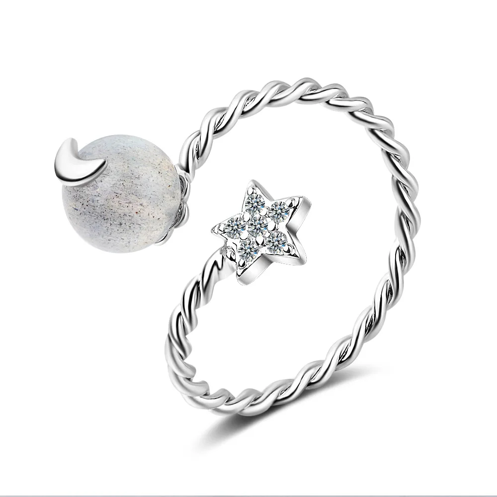 Skutočné 925 Sterling Silver Zirkón Moon Star Nastaviteľný Krúžok Pre Očarujúce Ženy, Svadobné Party Romantický Módne Šperky Darček Obrázok 0