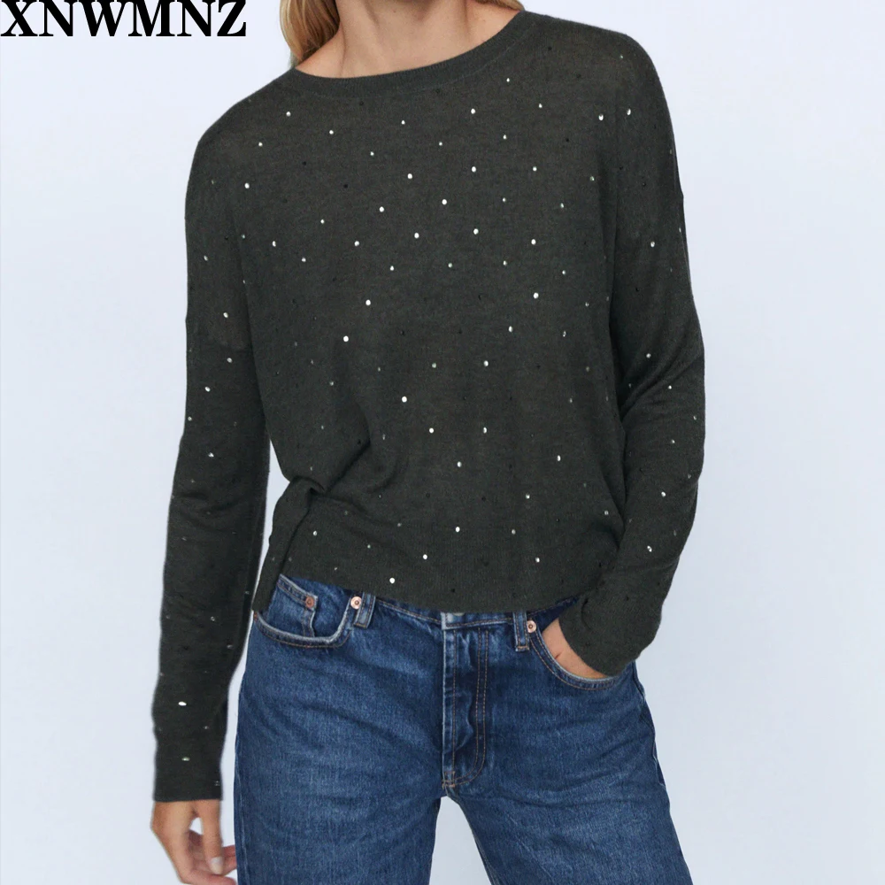 XNWMNZ Za ženy iskrivý pletený sveter Bežné Sveter s okrúhlym výstrihom a dlhými rukávmi. Predstavovať kontrast iskrivý nášivky Obrázok 1
