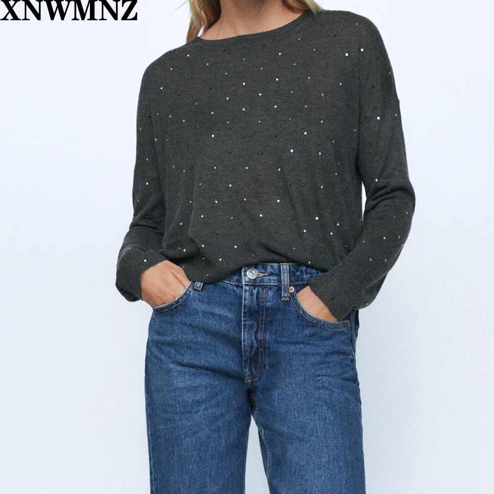 XNWMNZ Za ženy iskrivý pletený sveter Bežné Sveter s okrúhlym výstrihom a dlhými rukávmi. Predstavovať kontrast iskrivý nášivky Obrázok 3
