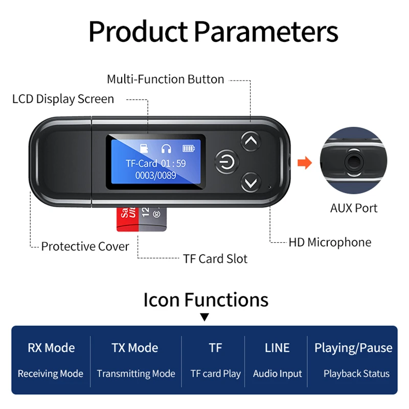 Bluetooth 5.0 Prijímač Vysielač LCD Displej USB Bezdrôtový Adaptér Pre PC, Počítač, Auto Reproduktor, Podpora TF Kariet Audio Prijímač Obrázok 5